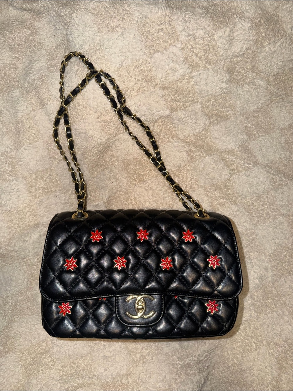 Black Quilted Leather Shoulder / Crossbody Bag with Red Star Embellishments
